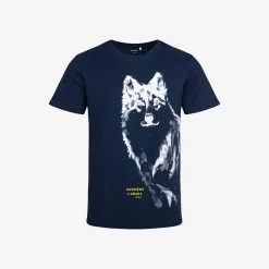 Męski t-shirt z krótkim rękawem, z wilkiem i napisem"odważny i dziki", granatowy