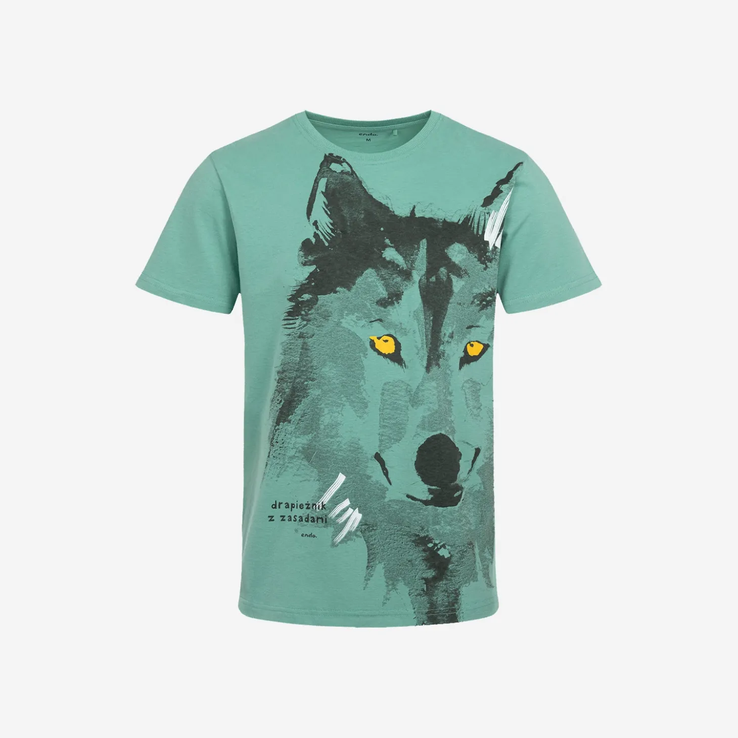 Męski t-shirt z krótkim rękawem, z wilkiem, zielony