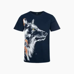 Męski t-shirt z krótkim rękawem, z wilkiem, granatowy