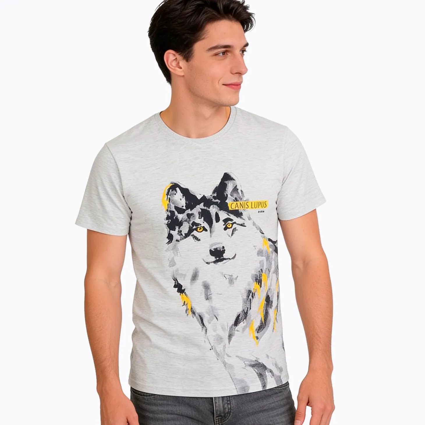 Męski t-shirt z krótkim rękawem, z wilkiem, szary
