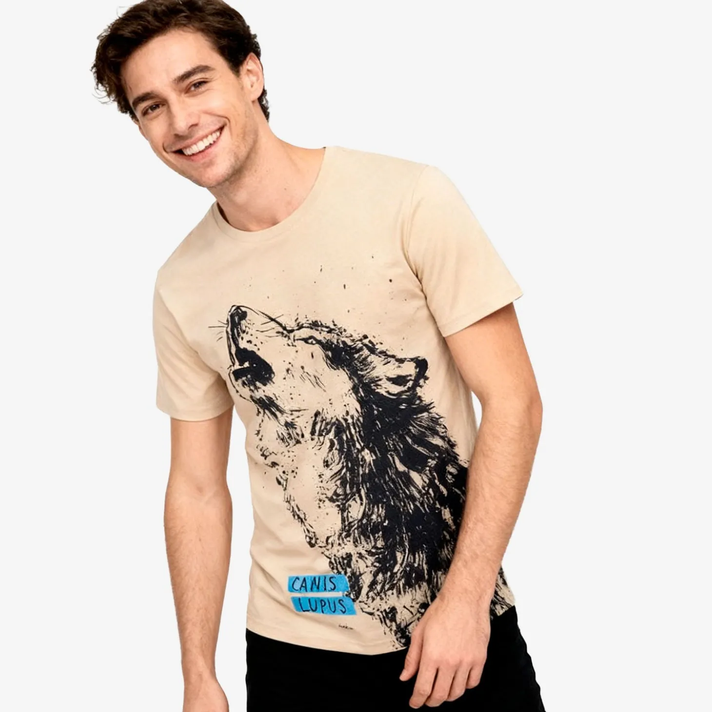 Męski t-shirt z krótkim rękawem, z wilkiem, beżowy