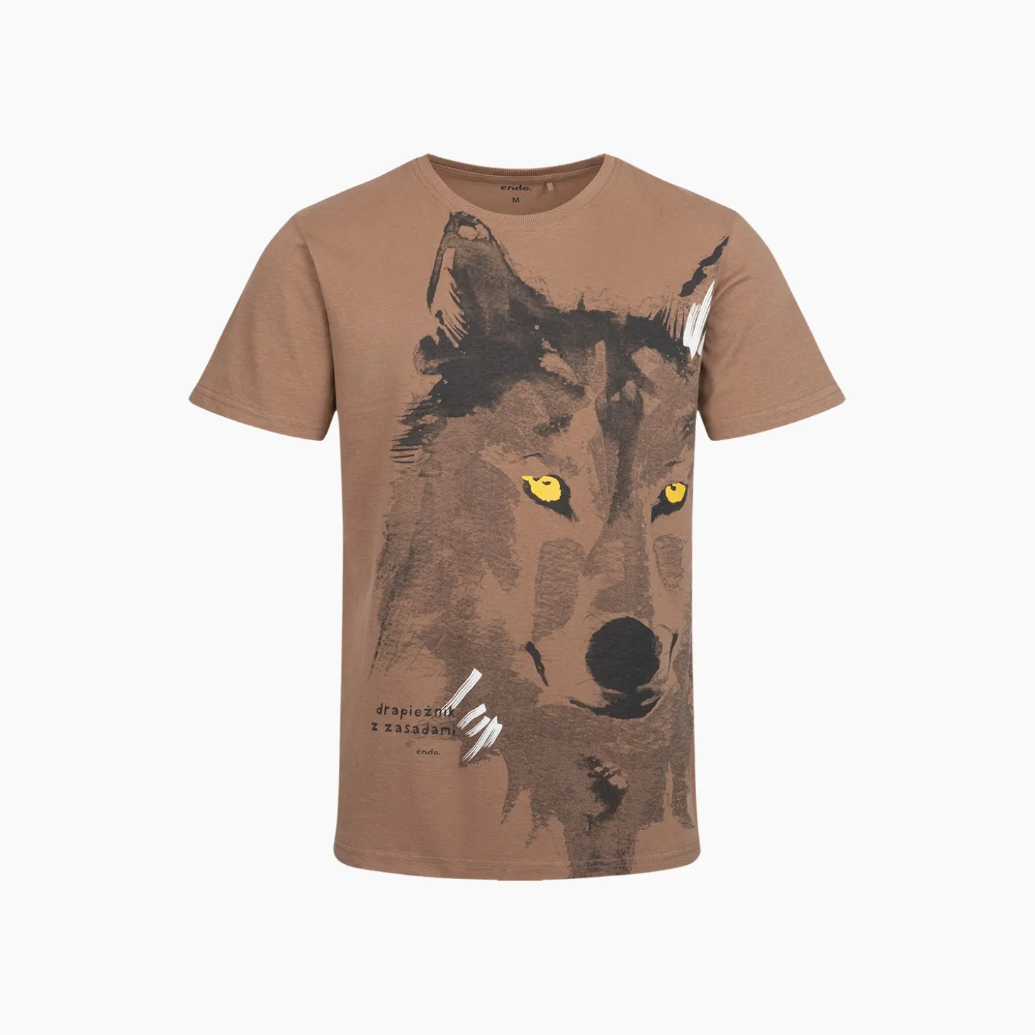 Męski t-shirt z krótkim rękawem, z wilkiem, brązowy
