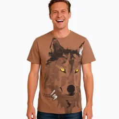 Męski t-shirt z krótkim rękawem, z wilkiem, brązowy
