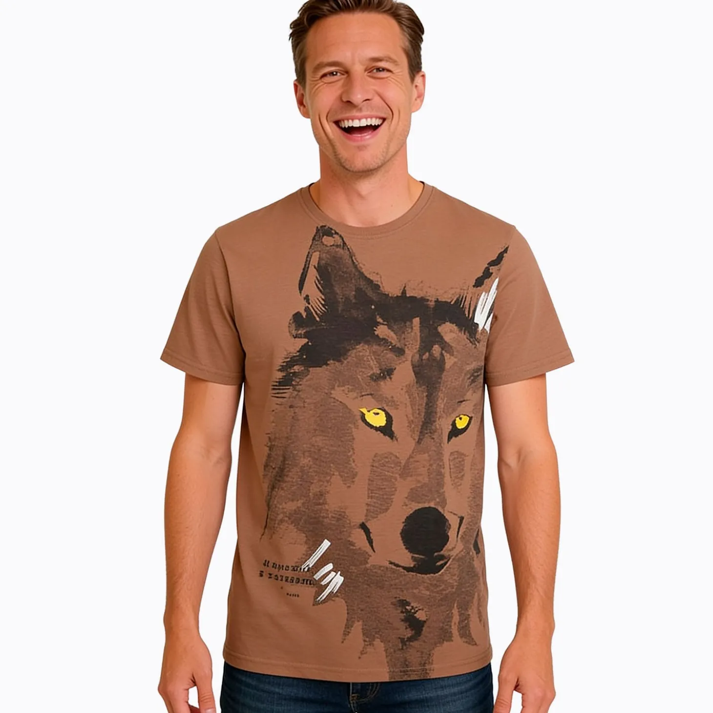 Męski t-shirt z krótkim rękawem, z wilkiem, brązowy