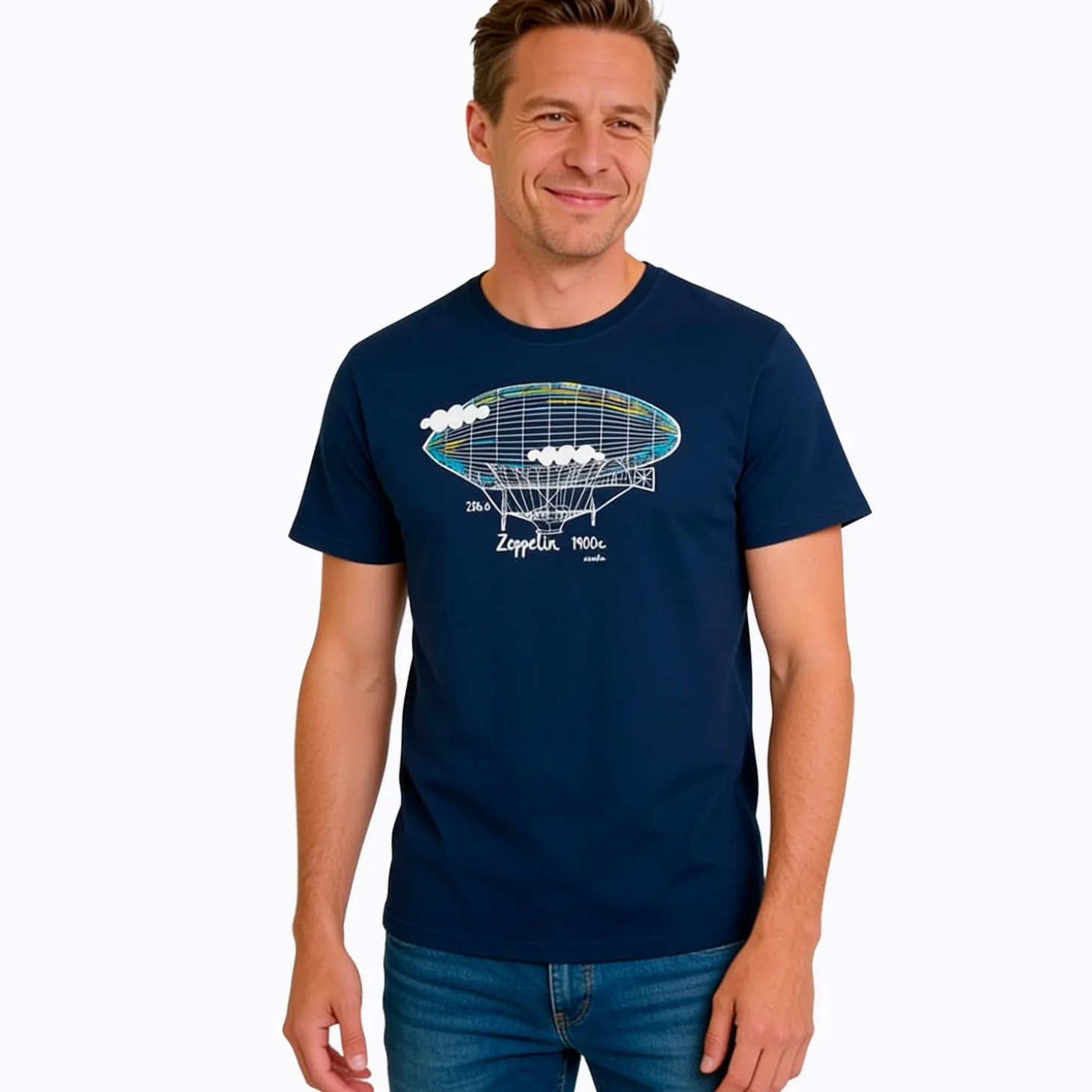 Męski t-shirt z krótkim rękawem, z zeppelinem, granatowy