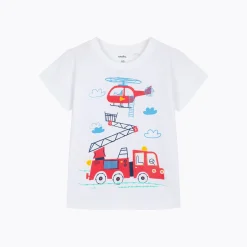 T-shirt z krótkim rękawem dla chłopca, z wozem strażackim, biały 3-6 lat