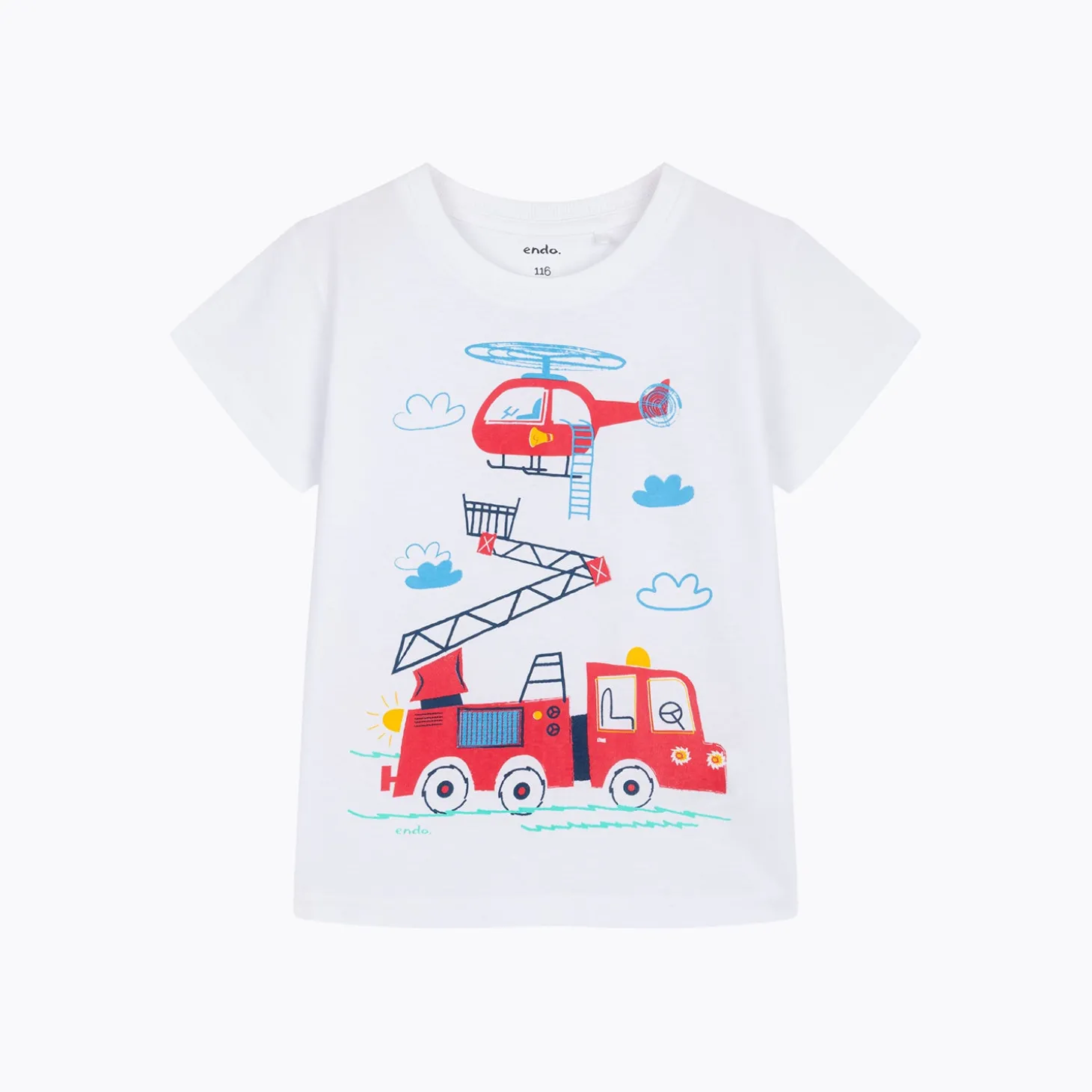T-shirt z krótkim rękawem dla chłopca, z wozem strażackim, biały 3-6 lat