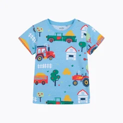 T-shirt z krótkim rękawem dla chłopca, z traktorami, niebieski 2-8 lat