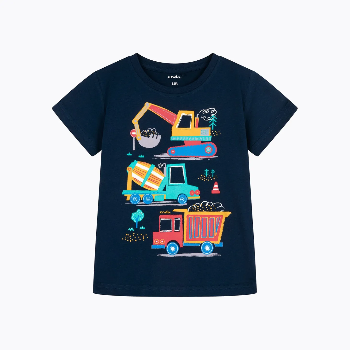 T-shirt z krótkim rękawem dla chłopca, z pojazdami budowlanymi, granatowy 2-8 lat