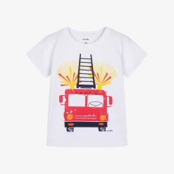 T-shirt z krótkim rękawem dla chłopca, z wozem strażackim, biały 2-6 lat