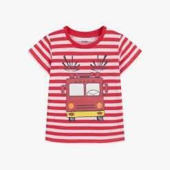T-shirt z krótkim rękawem dla chłopca, z wozem strażackim, w paski 3-8 lat