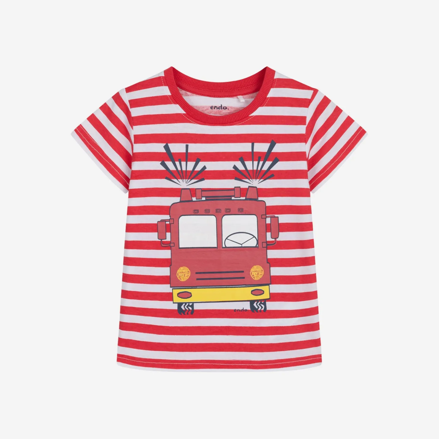 T-shirt z krótkim rękawem dla chłopca, z wozem strażackim, w paski 3-8 lat