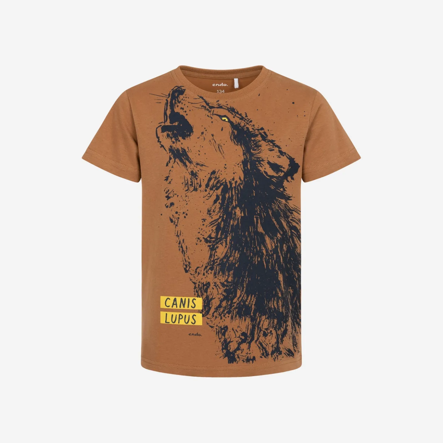 T-shirt z krótkim rękawem dla chłopca, z wilkiem, brązowy 9-13 lat