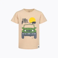 T-shirt z krótkim rękawem dla chłopca, z autem terenowym, beżowy 9-13 lat