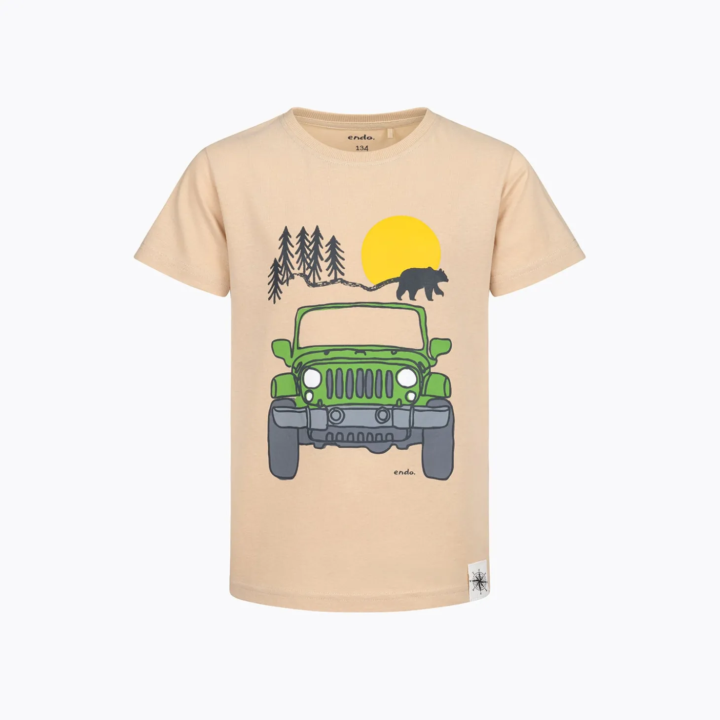 T-shirt z krótkim rękawem dla chłopca, z autem terenowym, beżowy 9-13 lat