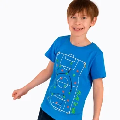 T-shirt z krótkim rękawem dla chłopca, z boiskiem do piłki nożnej, niebieski 9-13 lat