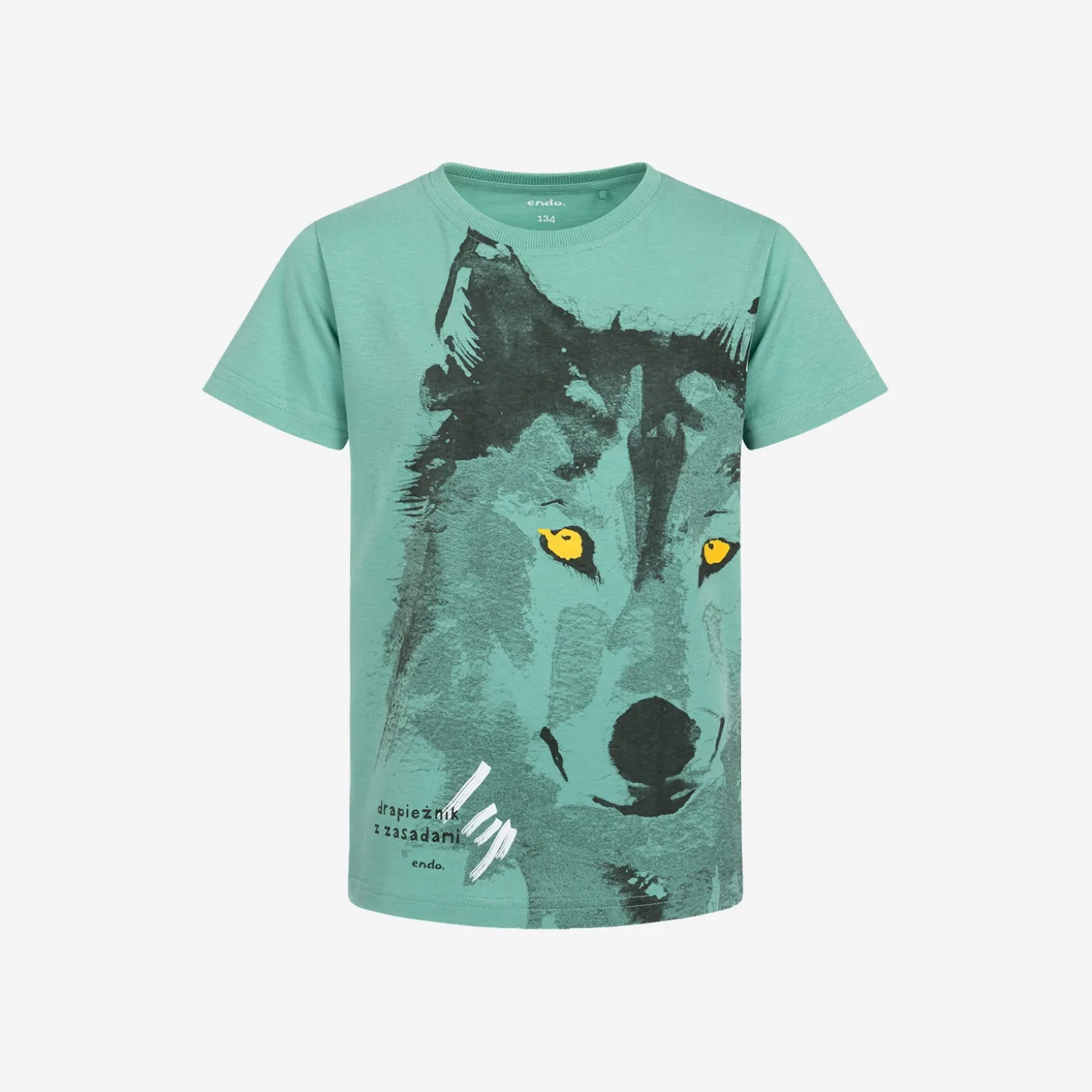 T-shirt z krótkim rękawem dla chłopca, z wilkiem, zielony 9-13 lat