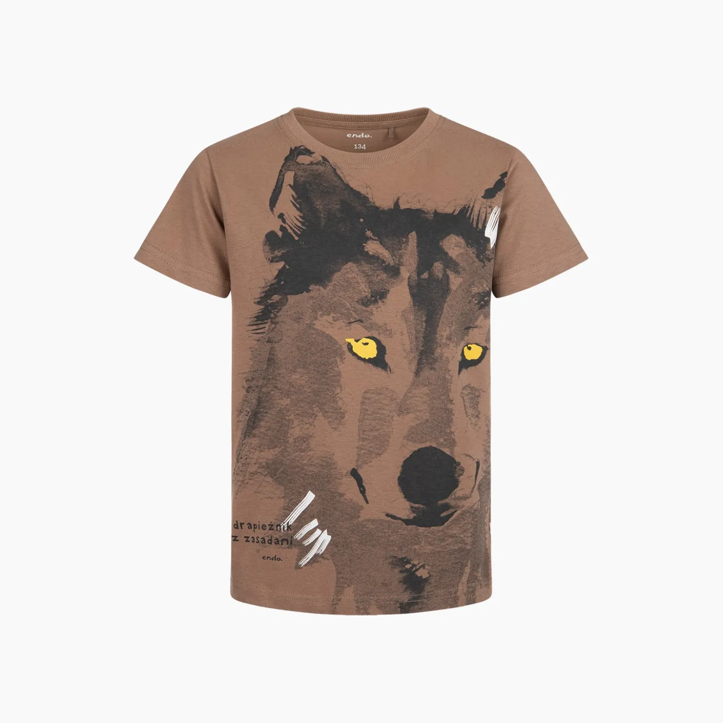 T-shirt z krótkim rękawem dla chłopca, z wilkiem, brązowy 9-13 lat
