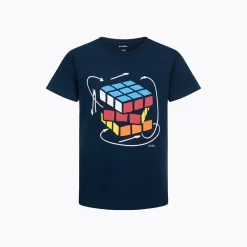 T-shirt z krótkim rękawem dla chłopca 9-13 lat, granatowy z kostką rubika