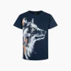 T-shirt z krótkim rękawem dla chłopca, z wilkiem, granatowy 9-13 lat