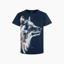 T-shirt z krótkim rękawem dla chłopca, z wilkiem, granatowy 9-13 lat