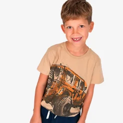 T-shirt z krótkim rękawem dla chłopca, z autem offroad, beżowy 9-13 lat
