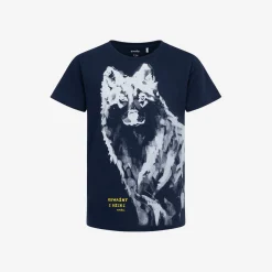 T-shirt z krótkim rękawem dla chłopca, z wilkiem, granatowy 9-13 lat