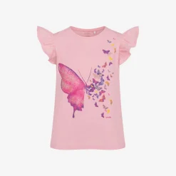 T-shirt z krótkim rękawem dla dziewczynki, z motylem 3-8 lat, Pastelowy róż