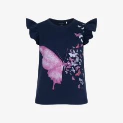 T-shirt z krótkim rękawem dla dziewczynki, z motylem 9-13 lat, Ciemnoniebieski