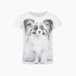 T-shirt z krótkim rękawem dla dziewczynki, z pieskiem, kremowy 9-13 lat