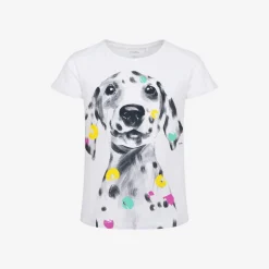 T-shirt z krótkim rękawem dla dziewczynki, z dalmatyńczykiem 9-13 lat, Biały