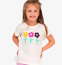 T-shirt z krótkim rękawem dla dziewczynki z kwiatami, biały 3-8 lat