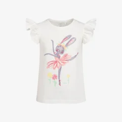 T-shirt z krótkim rękawem dla dziewczynki, z baletnicą, biała 3-8 lat