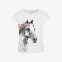 T-shirt z krótkim rękawem dla dziewczynki, z koniem 3-8 lat, Kremowy