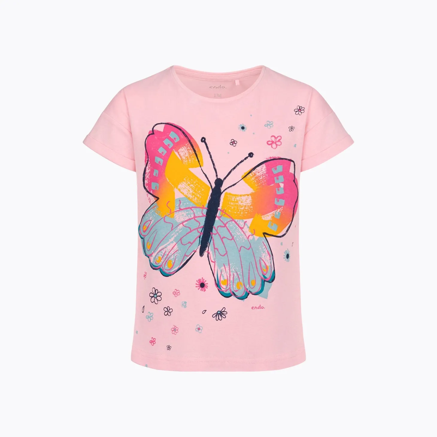 T-shirt z krótkim rękawem dla dziewczynki 9-13 lat, różowy z motylem