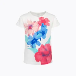 T-shirt z krótkim rękawem dla dziewczynki, z motywem kwiatowym, jasnokremowy 9-13lat
