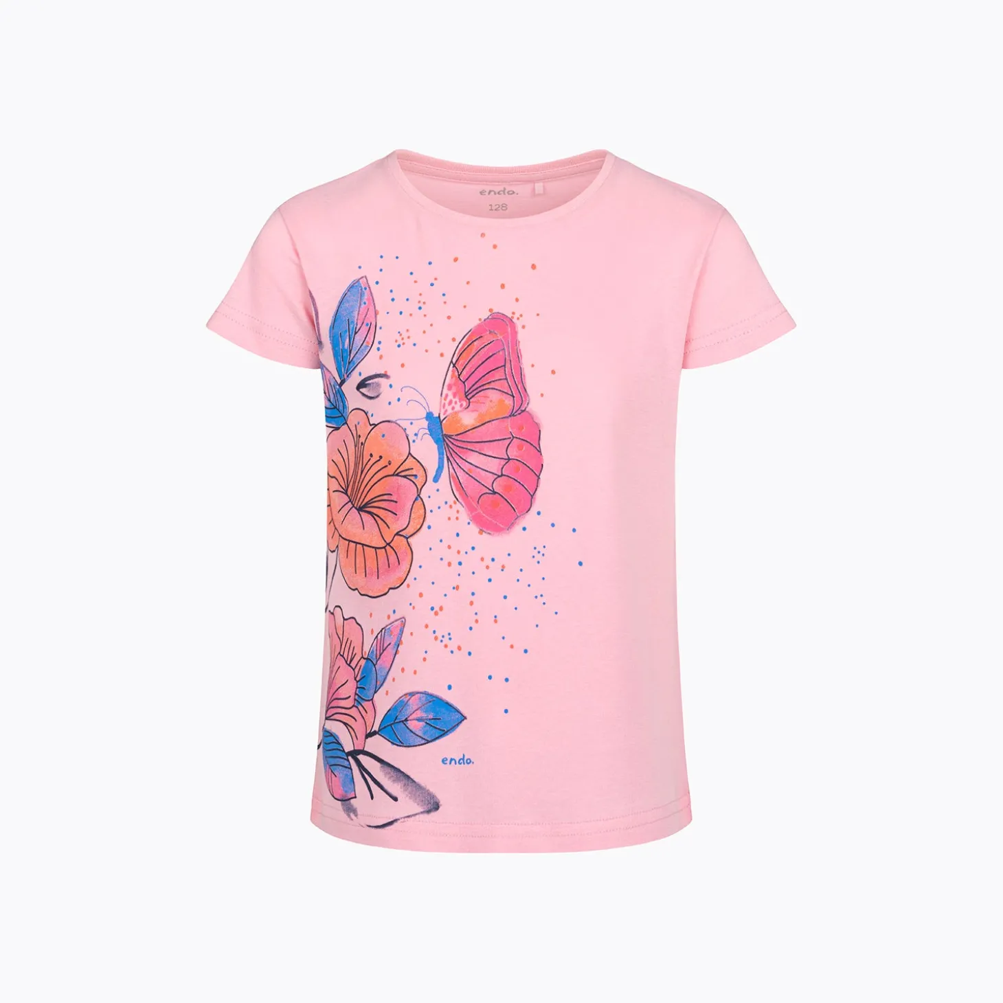T-shirt z krótkim rękawem dla dziewczynki, z motylem i kwiatami, różowa 3-8 lat