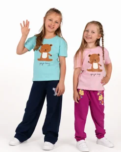 T-shirt z krótkim rękawem dla dziewczynki, z misiem, różowy 3-8 lat