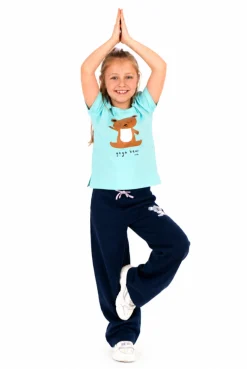T-shirt z krótkim rękawem dla dziewczynki, z motywem yogi, niebieska 3-8 lat