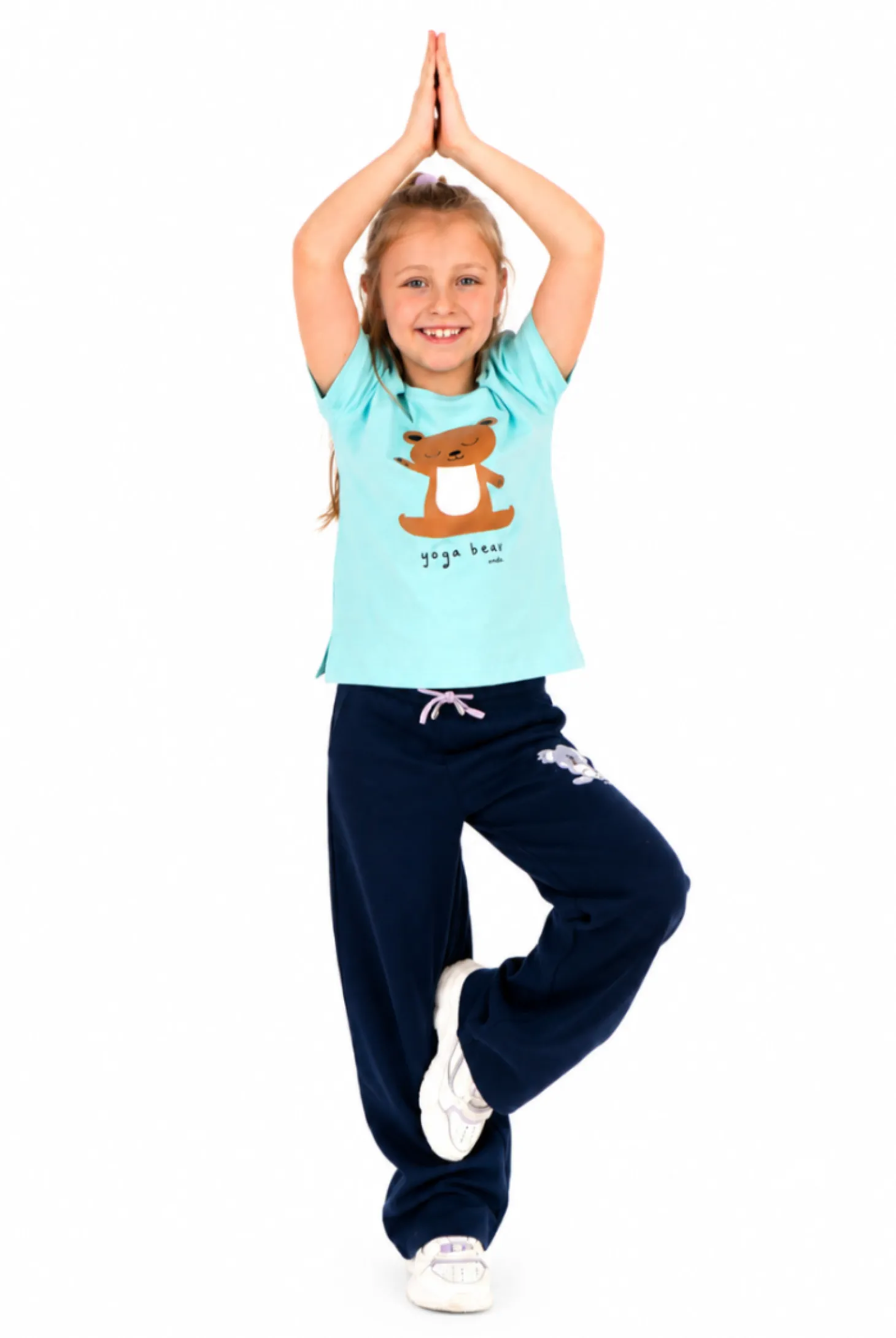 T-shirt z krótkim rękawem dla dziewczynki, z motywem yogi, niebieska 3-8 lat