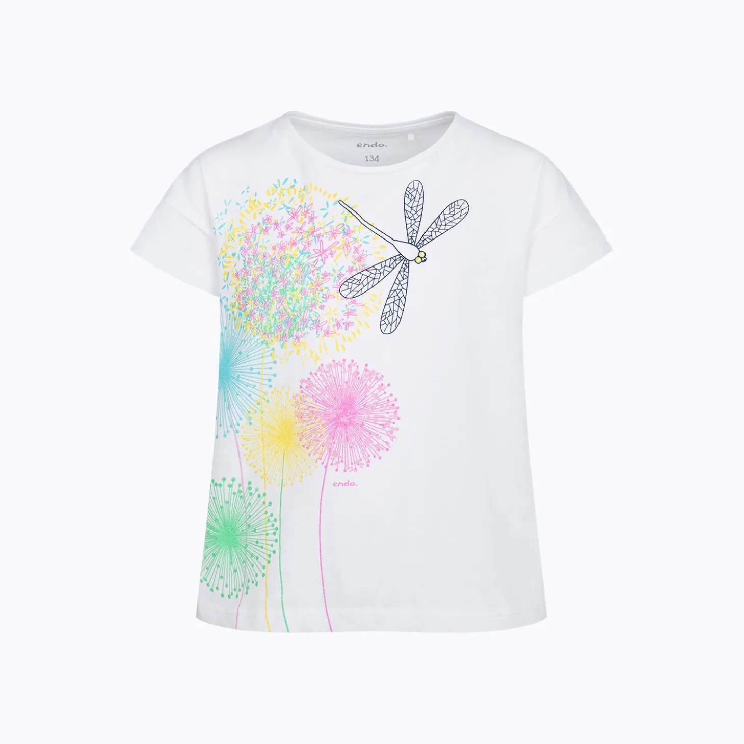 T-shirt z krótkim rękawem dla dziewczynki 9-13 lat, biały z dmuchawcem