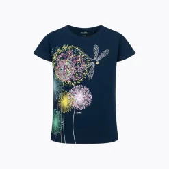 T-shirt z krótkim rękawem dla dziewczynki 9-13 lat, granatowy z dmuchawcem