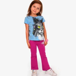 T-shirt z krótkim rękawem dla dziewczynki, z kotem, niebieski 3-8 lat