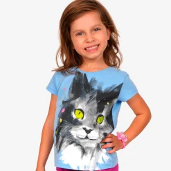 T-shirt z krótkim rękawem dla dziewczynki, z kotem, niebieski 3-8 lat