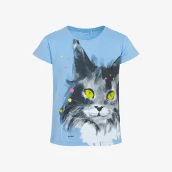 T-shirt z krótkim rękawem dla dziewczynki, z kotem, niebieski 3-8 lat