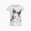 T-shirt z krótkim rękawem dla dziewczynki, z kotem, szary 9-13 lat