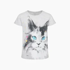 T-shirt z krótkim rękawem dla dziewczynki, z kotem, szary 9-13 lat