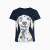 T-shirt z krótkim rękawem dla dziewczynki, z dalmatyńczykiem, granatowy 9-13 lat