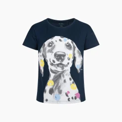 T-shirt z krótkim rękawem dla dziewczynki, z dalmatyńczykiem, granatowy 9-13 lat