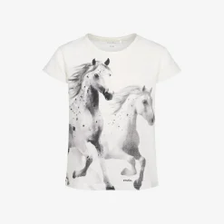 T-shirt z krótkim rękawem dla dziewczynki, z koniami, kremowy 9-13 lat